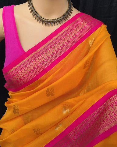 Adhesiv yellow and pink  Color Designer Saree